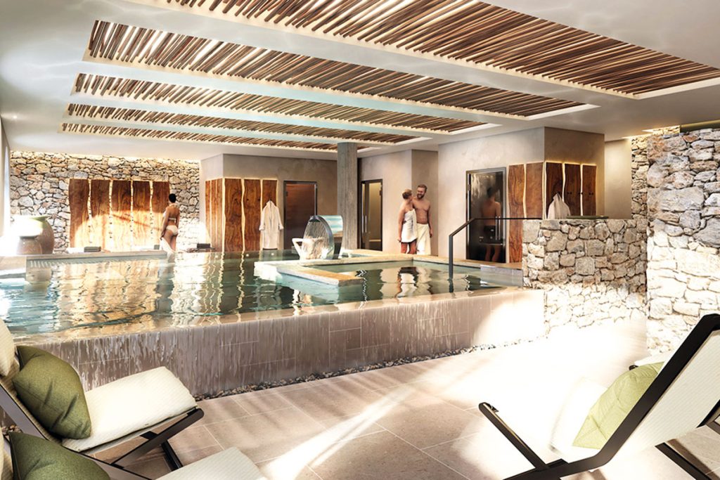 Le Spa de 440 m2 dispose d’un bassin multisensoriel, d’un hammam, d’un sauna, d’une snow cave, des douches expériences et d’une salle de fitness. © J.-P. Nuel Axe 3D Studio